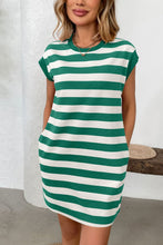 Load image into Gallery viewer, Simple Contrast Striped Round Neck Short Sleeve Mini Dress Casual &amp; Comfortable Everyday Dress for Women
