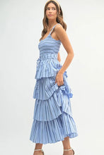 将图片加载到图库查看器，Pin Stripe Smocked Bodice Layered Midi Dress – Smocked Bodice Dress, Fluttering Pinstripe Midi Dress, Layered Midi Dress, Trendy Midi Dress, Flattering Pinstripe Dress
