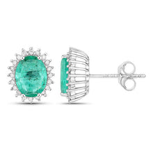 Load image into Gallery viewer, 2.66 Carat Genuine Zambian Emerald and White Diamond 14K White Gold Earrings
