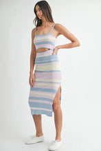 Load image into Gallery viewer, Multi Color Striped Front Cutout Knit Midi Dress For Women – Vibrant Striped Bodycon Dress, Cutout Knit Dress, Stylish Summer Midi Dress, Trendy Statement Dress
