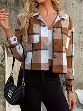 Load image into Gallery viewer, Women Brown Plaid Collared Neck Cropped Jacket Trendy &amp; Versatile Outerwear
