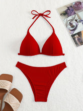 将图片加载到图库查看器，Bikini Rib Knit Solid Color Triangle 2 Piece Swimsuit for Women – Adjustable Tie Back Halter Bikini Set with Spaghetti Straps – High Stretch Polyester Swimwear for Summer Beachwear Poolside Relaxation and Tropical Vacation
