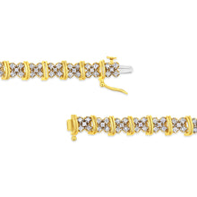 将图片加载到图库查看器，10K Yellow Gold Plated .925 Sterling Silver 2.0 Cttw Round Diamond Cluster "X" Shaped Link Bracelet (H-I Color, I3 Clarity) - 7"
