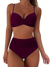 Load image into Gallery viewer, Tropical Vibe High Waist Bikini Set – Flirty V-Neck Swimsuit with Layered Colorblock High Cut Bottom Crisscross Strap Detail &amp; Ultra-Stretch Comfort – Women's Two Piece Swimwear for Summer Beach Pool &amp; Vacation Fun
