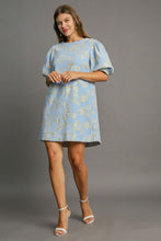Load image into Gallery viewer, Floral Blue Jacquard Puff Sleeve Mini Dress Elegant Vintage-Inspired Dress for Women
