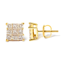 将图片加载到图库查看器，14K Yellow Gold 1 1/2 Cttw Invisible Set Princess-Cut Diamond 9 Stone Square Stud Earrings (J-K Color, SI2-I1 Clarity)

