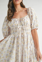 Load image into Gallery viewer, Floral Drawstring Detail Puff Sleeve Midi Dress – Romantic Floral Midi Dress, Ruched Drawstring Dress, Feminine Puff Sleeve Dress, Trendy Garden Party Dress For Summer
