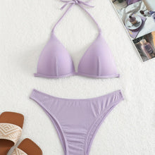 将图片加载到图库查看器，Bikini Rib Knit Solid Color Triangle 2 Piece Swimsuit for Women – Adjustable Tie Back Halter Bikini Set with Spaghetti Straps – High Stretch Polyester Swimwear for Summer Beachwear Poolside Relaxation and Tropical Vacation
