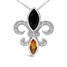 Load image into Gallery viewer, .925 Sterling Silver Marquise Onyx and Citrine and Diamond Accent Fleur De Lis Pendant Necklace (H-I Color, SI1-SI2 Clarity) - 18"
