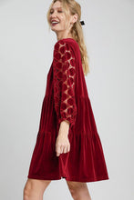将图片加载到图库查看器，Dotted Lace Sleeve Tiered Velvet Mini Dress For Women – Vintage Lace Dress, Tiered Velvet Dress, Elegant Party Dress, Whimsical Lace Sleeve Dress, Chic Mini Dress
