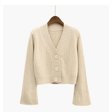 Load image into Gallery viewer, Elegance Cardigan Autumn Long Flare Sleeve Short Sweater Women Ribbed Knitted Cotton Tops Black White Ladies Soft Outwear Female
