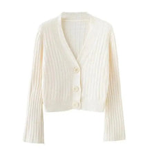 Load image into Gallery viewer, Elegance Cardigan Autumn Long Flare Sleeve Short Sweater Women Ribbed Knitted Cotton Tops Black White Ladies Soft Outwear Female

