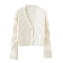 Load image into Gallery viewer, Elegance Cardigan Autumn Long Flare Sleeve Short Sweater Women Ribbed Knitted Cotton Tops Black White Ladies Soft Outwear Female
