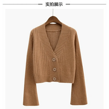 Load image into Gallery viewer, Elegance Cardigan Autumn Long Flare Sleeve Short Sweater Women Ribbed Knitted Cotton Tops Black White Ladies Soft Outwear Female

