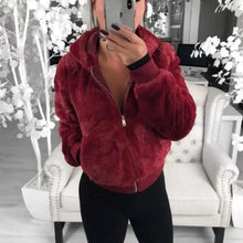 将图片加载到图库查看器，Elegance Faux Fur Women Coat With Hood High Waist Fashion Slim Black /Red /Pink Faux Fur Jacket Fake Rabbit Fur Coats
