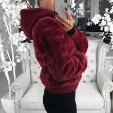 将图片加载到图库查看器，Elegance Faux Fur Women Coat With Hood High Waist Fashion Slim Black /Red /Pink Faux Fur Jacket Fake Rabbit Fur Coats
