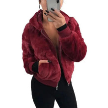 将图片加载到图库查看器，Elegance Faux Fur Women Coat With Hood High Waist Fashion Slim Black /Red /Pink Faux Fur Jacket Fake Rabbit Fur Coats
