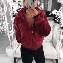将图片加载到图库查看器，Elegance Faux Fur Women Coat With Hood High Waist Fashion Slim Black /Red /Pink Faux Fur Jacket Fake Rabbit Fur Coats
