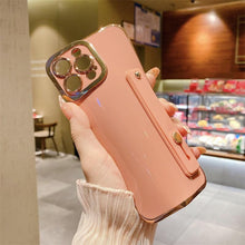 将图片加载到图库查看器，Elegant Adjustable Wrist Strap Hand Band Case For iPhone 12 13 11 14 Pro Max X XS Max XR 14 plus Case with Strap Luxury Plating Gold Bumper Phone Cover Wristband Kickstand Full Body Protective Slim Case Luxury Candy Color Phone Holder Colorful Iphone Case
