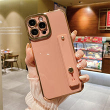 将图片加载到图库查看器，Elegant Adjustable Wrist Strap Hand Band Case For iPhone 12 13 11 14 Pro Max X XS Max XR 14 plus Case with Strap Luxury Plating Gold Bumper Phone Cover Wristband Kickstand Full Body Protective Slim Case Luxury Candy Color Phone Holder Colorful Iphone Case
