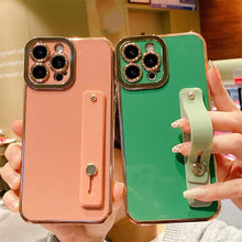 将图片加载到图库查看器，Elegant Adjustable Wrist Strap Hand Band Case For iPhone 12 13 11 14 Pro Max X XS Max XR 14 plus Case with Strap Luxury Plating Gold Bumper Phone Cover Wristband Kickstand Full Body Protective Slim Case Luxury Candy Color Phone Holder Colorful Iphone Case
