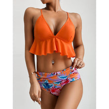 将图片加载到图库查看器，Elegant Black High Waist Two Pieces Bikini Set Women Two Pieces Bathing Suits Ruffled High Waist Bikini Set Swimsuit Female Women Beachwear Swimwear Bather Bathing Suit For Vacation
