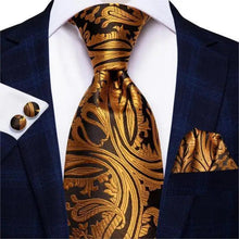 Load image into Gallery viewer, Elegant Business Yellow Gold Ties Men Charming Handkerchiefs Cufflinks Set Unique Design Men Tie Set For Wedding Suit

