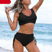 Load image into Gallery viewer, Elegant High Waist Bikini Set Push Up Swimwear Women Swimsuits New Black Bathing Suit Twist Women's High Waist Bikini Twist Front Tie Back 2 Piece Lace Up Summer Swimsuits
