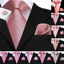 将图片加载到图库查看器，Elegant Pink Silk  Necktie Pocket Square Cufflinks Set Elegant Men's Fashion Wedding Ties For Men And Daily Wear Ties
