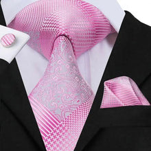 将图片加载到图库查看器，Elegant Pink Silk  Necktie Pocket Square Cufflinks Set Elegant Men's Fashion Wedding Ties For Men And Daily Wear Ties
