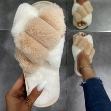 将图片加载到图库查看器，Elegant Warm Fluffy Slippers Women Faux Fur Indoor Floor Slides Flat Soft Furry Shoes Non Slip House Soft Plush Cozy House Shoes Furry Open Toe Indoor Outdoor Slip On Warm Winter Shoes
