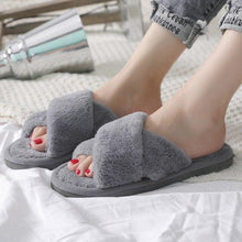 将图片加载到图库查看器，Elegant Warm Fluffy Slippers Women Faux Fur Indoor Floor Slides Flat Soft Furry Shoes Non Slip House Soft Plush Cozy House Shoes Furry Open Toe Indoor Outdoor Slip On Warm Winter Shoes
