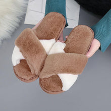 将图片加载到图库查看器，Elegant Warm Fluffy Slippers Women Faux Fur Indoor Floor Slides Flat Soft Furry Shoes Non Slip House Soft Plush Cozy House Shoes Furry Open Toe Indoor Outdoor Slip On Warm Winter Shoes
