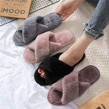 将图片加载到图库查看器，Elegant Warm Fluffy Slippers Women Faux Fur Indoor Floor Slides Flat Soft Furry Shoes Non Slip House Soft Plush Cozy House Shoes Furry Open Toe Indoor Outdoor Slip On Warm Winter Shoes
