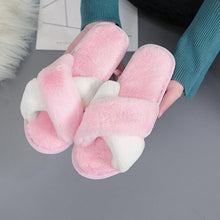 将图片加载到图库查看器，Elegant Warm Fluffy Slippers Women Faux Fur Indoor Floor Slides Flat Soft Furry Shoes Non Slip House Soft Plush Cozy House Shoes Furry Open Toe Indoor Outdoor Slip On Warm Winter Shoes
