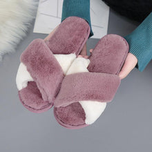 将图片加载到图库查看器，Elegant Warm Fluffy Slippers Women Faux Fur Indoor Floor Slides Flat Soft Furry Shoes Non Slip House Soft Plush Cozy House Shoes Furry Open Toe Indoor Outdoor Slip On Warm Winter Shoes
