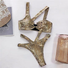 将图片加载到图库查看器，Elegant Women Bandage Swimwear Women Snake Bikini Swimsuit Female Gold Bikini Set Bathing Suit Swim Wear Women Shiny Bikini String Two Pieces Swimsuit Female Swimwear
