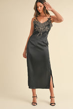 Load image into Gallery viewer, Embroidered Cami Satin Midi Slit Dress – Satin Dress, Sexy, Flattering, Embroidered Dress, Cami Style Dress, Midi Dress, Slit Detail Dress, Elegant Satin Dress
