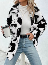 Load image into Gallery viewer, Trendy Black White Cozy Cow Print Collared Neck Button Up Fuzzy Jacket Modern &amp; Warm Outerwear
