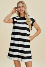 将图片加载到图库查看器，Full Size Striped Round Neck Cap Sleeve Mini Dress For Women – Striped Mini Dress, Full-Size Round Neck Dress, Comfortable Cap Sleeve Dress, Chic Striped Dress, Flattering Mini Dress, Casual Everyday Dress, Versatile Striped Dress
