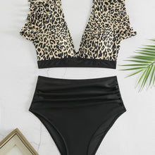 Load image into Gallery viewer, Bikini Black Solid Color Ruffle V Neck 2 Piece Swimsuit for Women – High Waisted Flattering Bikini Set with Lettuce Trim Bottoms – Sleek Stretchy Fabric Swimwear for Beach Days Poolside Style and Summer Vacation Looks
