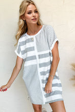 Load image into Gallery viewer, Gray Full Size Striped Round Neck Short Sleeve Mini Tee Dress Casual &amp; Everyday Wear
