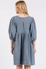 Load image into Gallery viewer, Washed Round Neck Puff Sleeve Denim Dress – Casual, Vintage-Inspired, Comfortable &amp; Chic, Effortlessly Stylish, Classic Denim Dress
