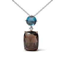 Load image into Gallery viewer, 18K Rose and White Gold Diamond Accent and London Blue Topaz and Cushion Cut Smoky Quartz Gemstone Dangle Drop 18" Pendant Necklace (G-H Color, SI1-SI2 Clarity)
