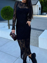 Load image into Gallery viewer, Black Lace Round Neck Long Sleeve Midi Dress Timeless &amp; Elegant Design Women Dress
