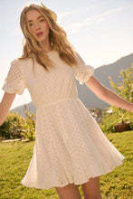 Load image into Gallery viewer, Eyelet Round Neck Puff Sleeve Mini Dress–Cute, Elegant, Feminine and Chic Mini Dress with Romantic Puff Sleeves and Delicate Eyelet Design
