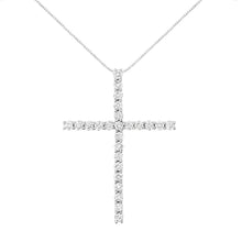 将图片加载到图库查看器，.925 Sterling Silver 3.0 Cttw Round Shape Diamond 1-1/2" Cross Pendant with Box Chain Necklace (I-J Color, I2-I3 Clarity) - 18"
