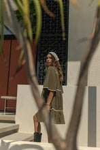Load image into Gallery viewer, Tassel Contrast Trim Tie Neck Half Sleeve Tiered Dress – Bohemian Tassel Details, Contrast Trim, and Tiered Design for a Flowing, Feminine Look
