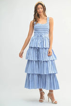 将图片加载到图库查看器，Pin Stripe Smocked Bodice Layered Midi Dress – Smocked Bodice Dress, Fluttering Pinstripe Midi Dress, Layered Midi Dress, Trendy Midi Dress, Flattering Pinstripe Dress
