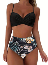 Load image into Gallery viewer, Tropical Vibe High Waist Bikini Set – Flirty V-Neck Swimsuit with Layered Colorblock High Cut Bottom Crisscross Strap Detail &amp; Ultra-Stretch Comfort – Women's Two Piece Swimwear for Summer Beach Pool &amp; Vacation Fun
